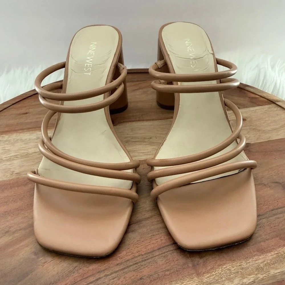 Nine West Tan Strappy Block Heel Square Toe Sandals Mules Womens 7.5M